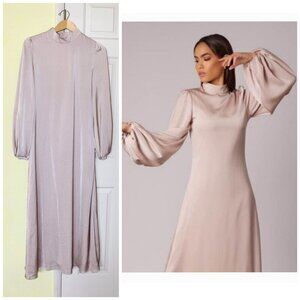 Zahraa The Label Nude Satin Maxi dress Size M Puff Sleeves shapeless glamorous